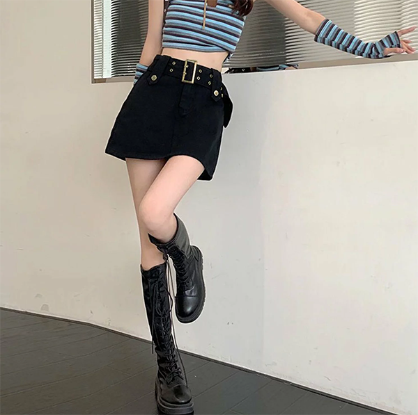 レディース デニム ミニスカート フロント ベルト ジップ
