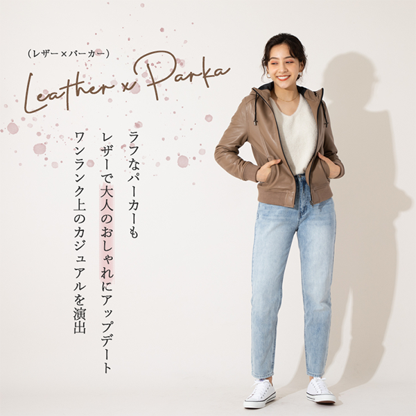レディース 本革 レザー ハイネック パーカー ライダース ジャケット フーディー LIUGOO
