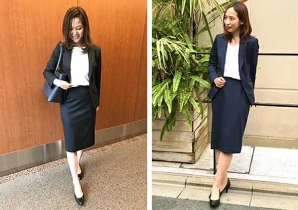 レディース タイトスカート 膝丈 バックファスナー バックスリット ネイビー 洋服の青山
