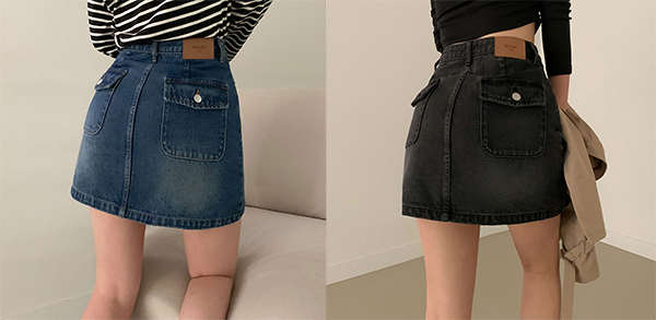 レディース デニム ポケット ミニスカート 膝上丈 フロントファスナー ©DHOLIC
