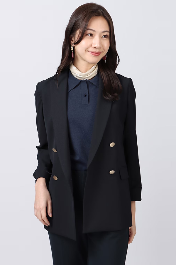 レディース 4ボタン ダブル ジャケット ロング丈 ネイビー 洋服の青山