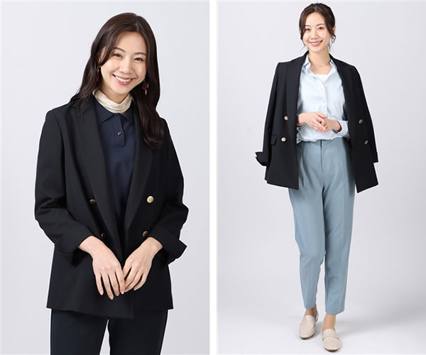 レディース 4ボタン ダブル ジャケット ロング丈 ネイビー 洋服の青山