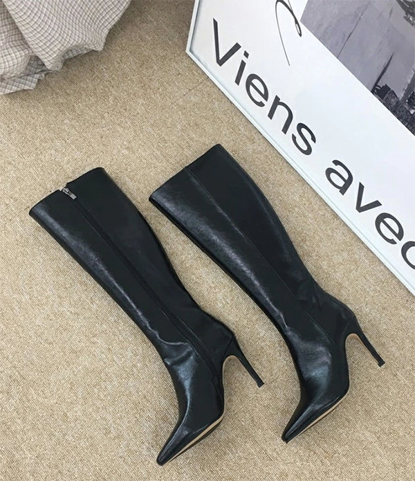 フェークレザー ロング ブーツ ポインテッドトゥ ピンヒール9cm