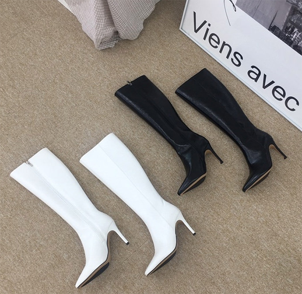 フェークレザー ロング ブーツ ポインテッドトゥ ピンヒール9cm