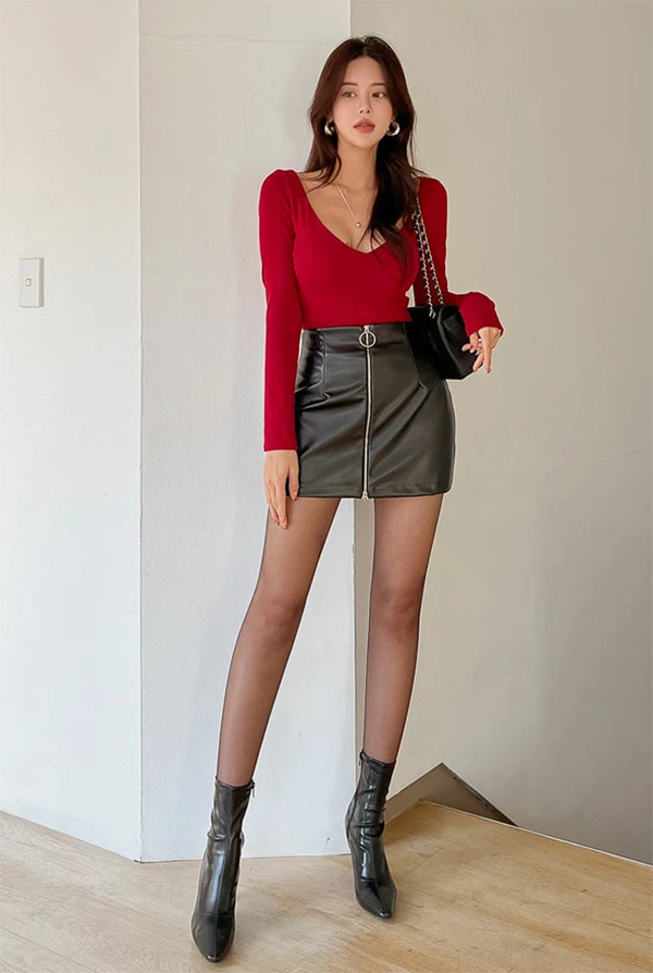 レディース フェイクレザー ミニスカート 37cm丈 フロントZIP