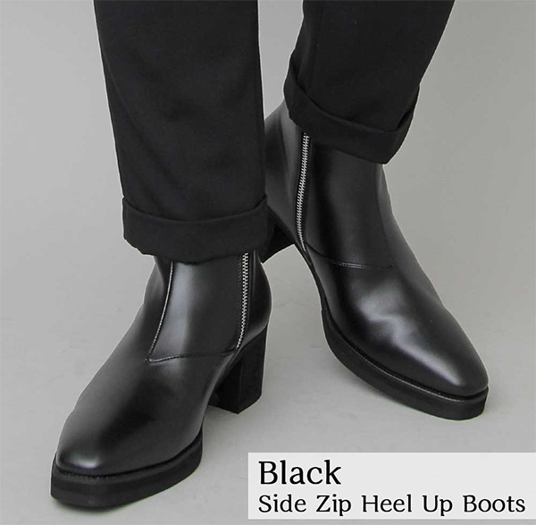 メンズ ショート ブーツ 7cm（6.8cm）ヒール サイドジップ ブラック glabella