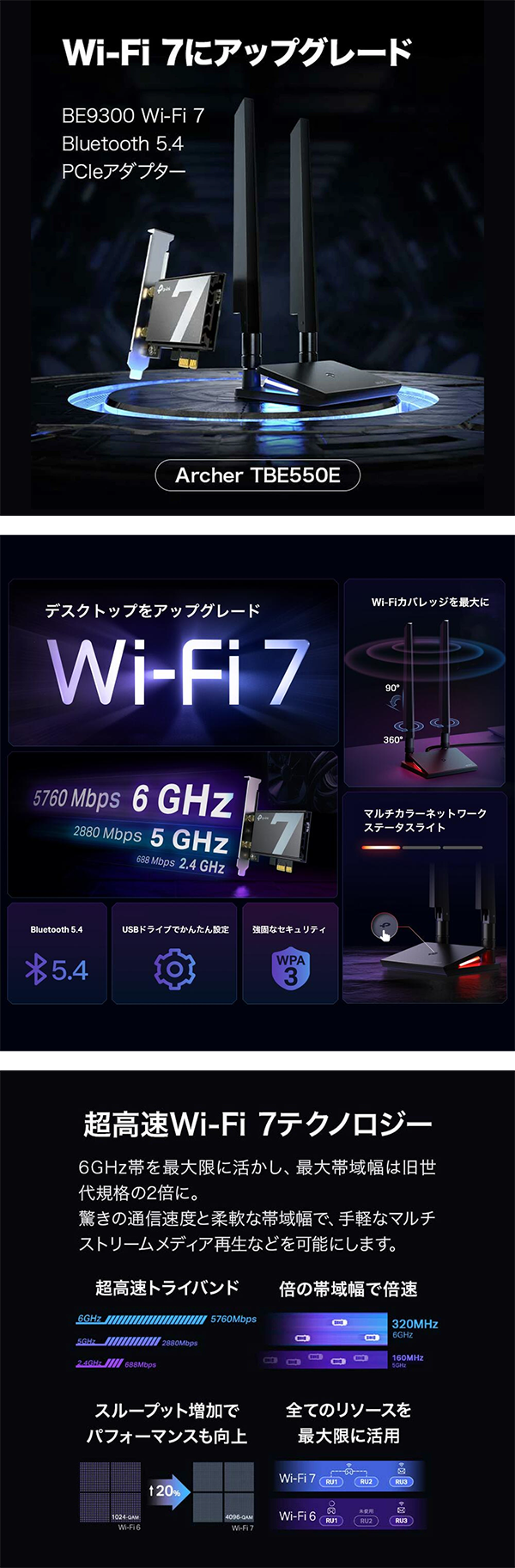 新品 無線LAN Wi-Fi7 子機 デスクトップPC アダプター BE9300 TP-Link