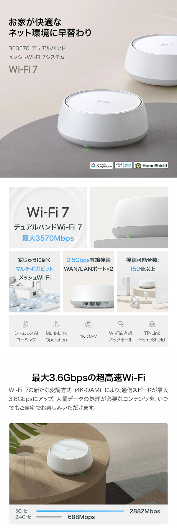 新品 無線LANルーター 親機 Wi-Fi7 AIメッシュ BE3570 TP-Link