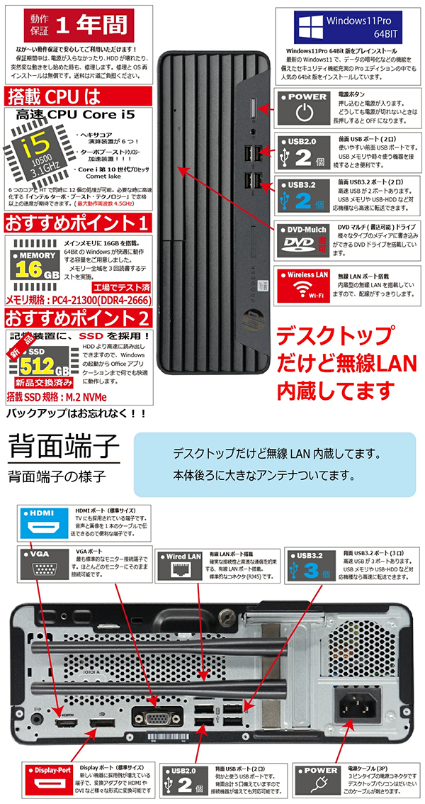 中古 デスクトップパソコン PC HP ProDesk 400 G7 10世代 Core i5 Windows11 Pro