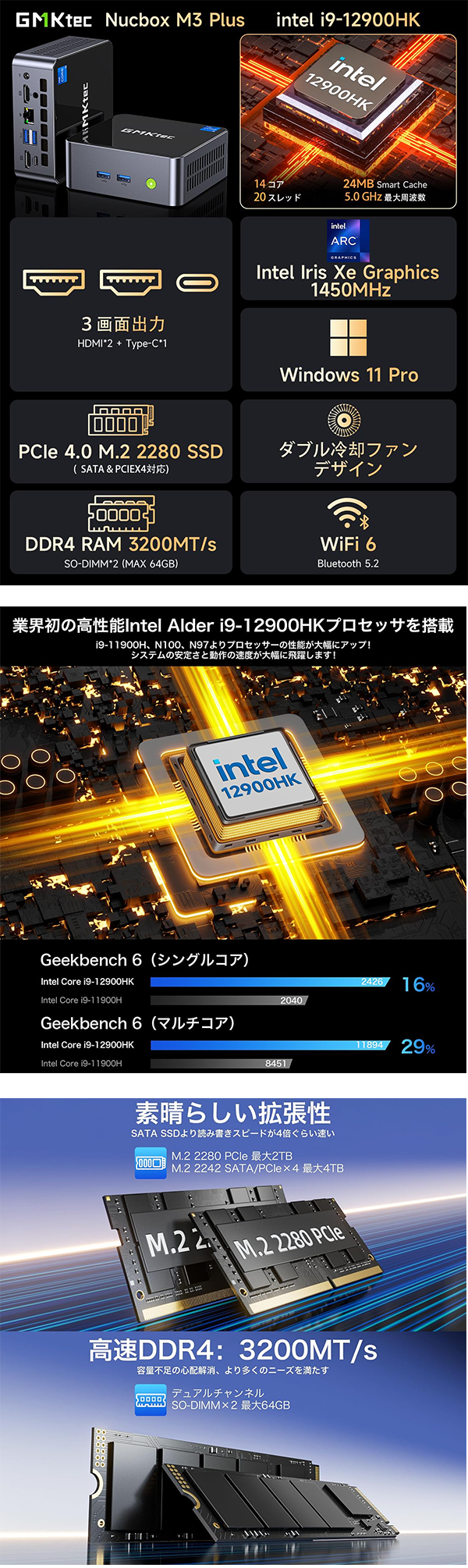 新品 ミニデスクトップパソコン PC GMKtec M3PLUS Core i9 4画面出力 Windows11 Pro