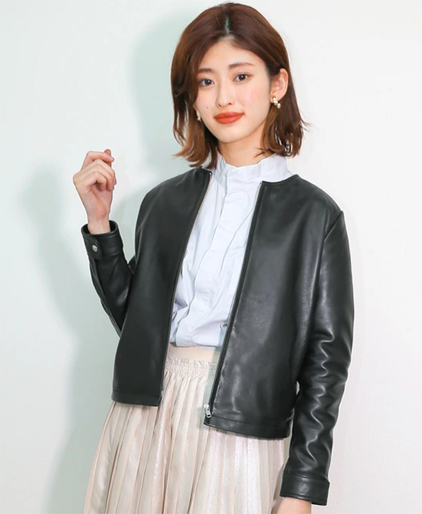 レディース ラムレザー ジャケット ノーカラー 本革 神戸パティーナ
