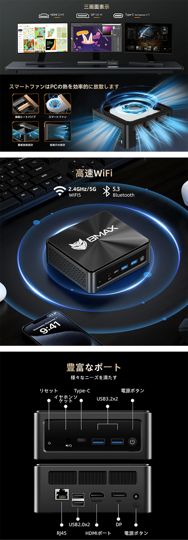 新品 ミニデスクトップパソコン PC BMAX b5apro Ryzen7 5825U Wi-Fi6  4K3画面出力 Windows11
