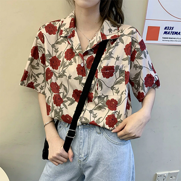 ●カラー	・花柄 レッドレディース 花柄 シャツ ブラウス サテン 半袖 夏 Belle Cie