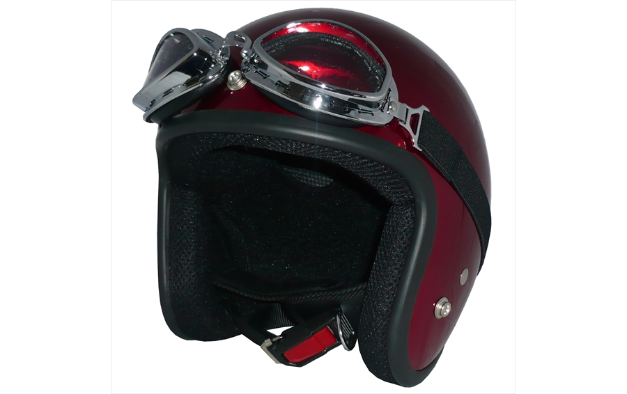 ジェットヘルメット ZK-380 キャンディレッド 装飾ビンテージゴーグル