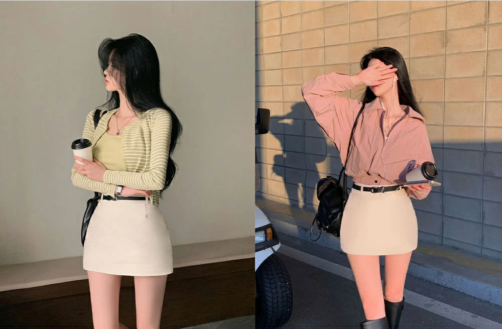 レディース スリム Hライン ミニ スカート 膝上丈 ウエストゴム ©DHOLIC