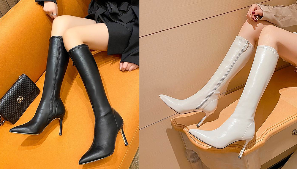 レディース フェークレザー ロング ブーツ ポインテッドトゥ ピンヒール6.5cm