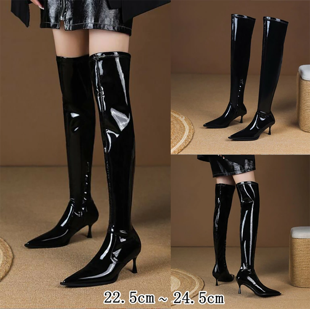 ニーハイ ブーツ エナメル ポインテッドトゥ ピンヒール7cm ブラック