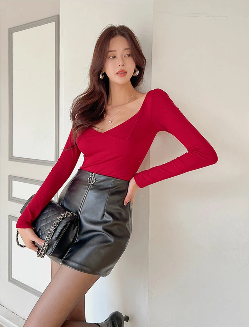 レディース フェイクレザー ミニスカート 37cm丈 フロントZIP