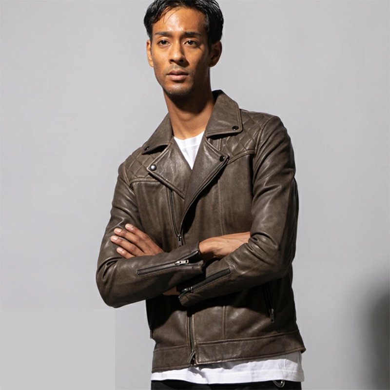 メンズ 本革 パッド ダブル ライダース ジャケット Liugoo Leathers アンティークブラウン