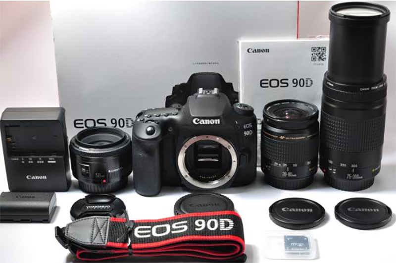 中古 カメラ デジタル一眼レフ キヤノン Canon 90D トリプルレンズ CANON 28-80mm 75-300mm YONGNUO YN50mm