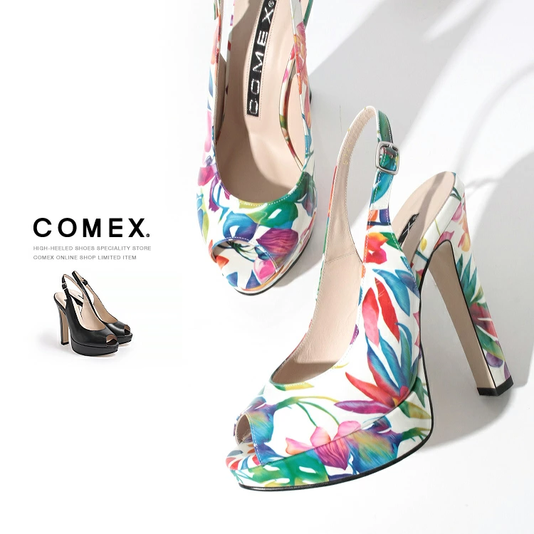 レディース パンプス サンダル 本革 オープントゥ 太ヒール13cm コメックス COMEX