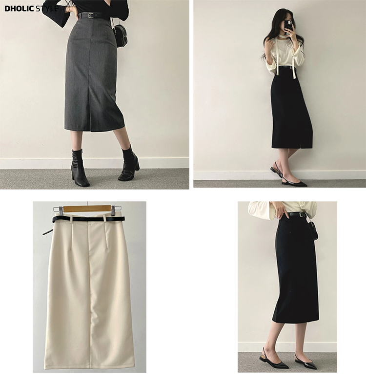 レディース タイトスカート 78~79cm丈 フロントスリット ベルト バックファスナー ©DHOLIC