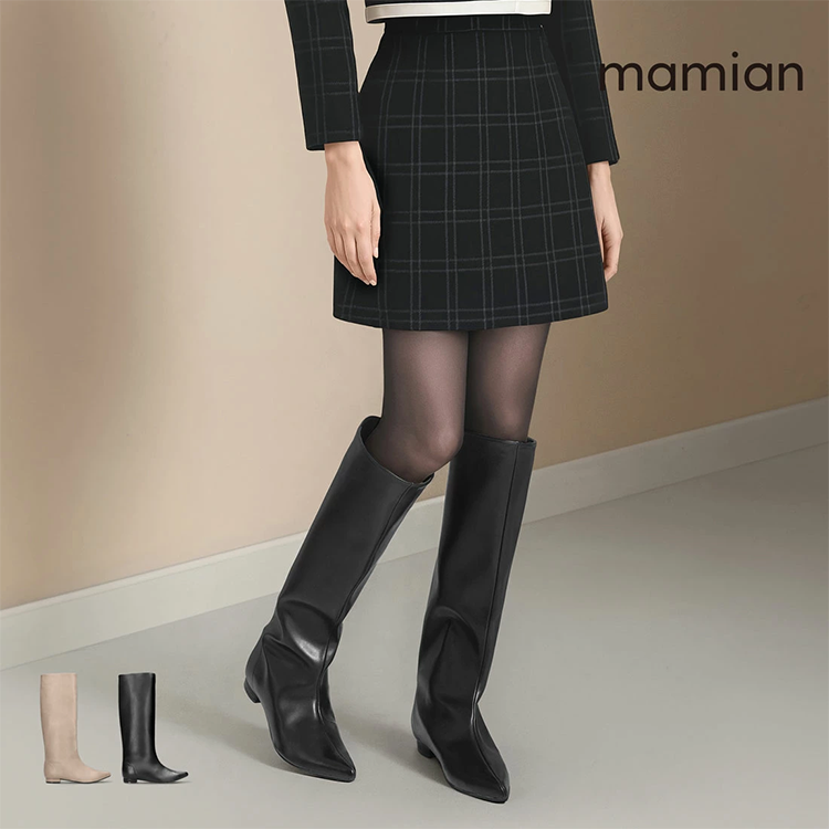 レディース ロング ブーツ ポインテッドトゥ ヒール2cm マミアン