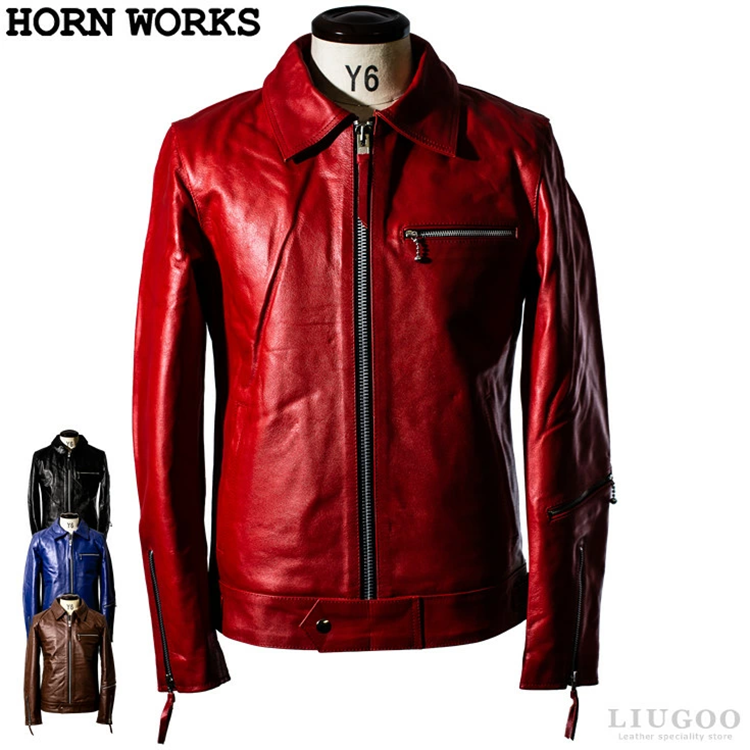 メンズ 本革 シングル ライダース ジャケット UK襟 Horn Works