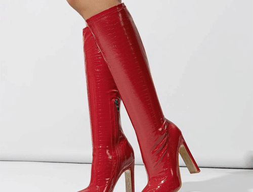 レディース PUレザー ロング ブーツ ポインテッドトゥ チャンキー8cm