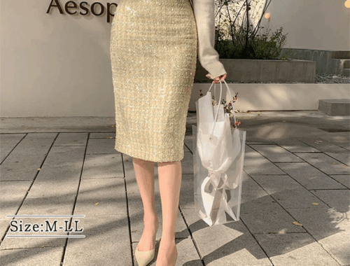 レディース ツイード タイトスカート 膝丈 55~57cm丈 バックスリット バックファスナー ワンピスター