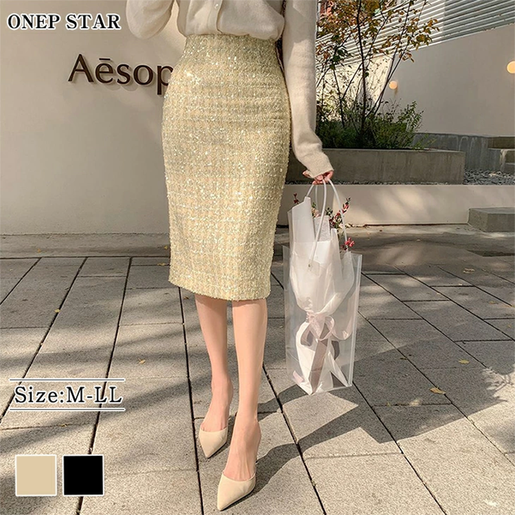 レディース ツイード タイトスカート 膝丈 55~57cm丈 バックスリット バックファスナー ワンピスター