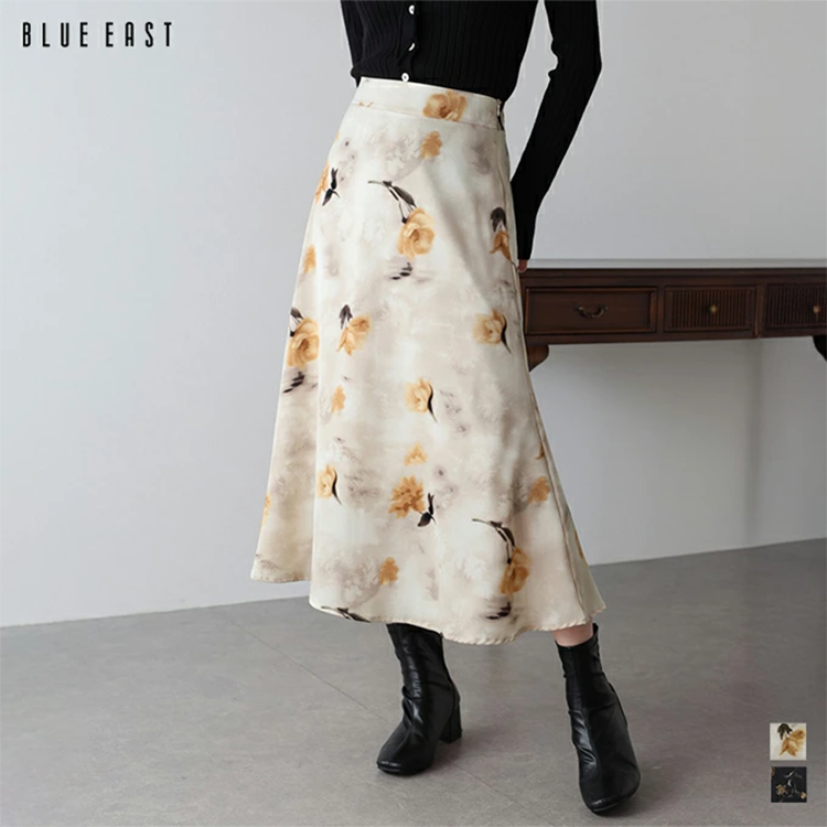 レディース フレア マーメイド スカート 花柄 ロング 80cm丈 ウエストゴム サイドファスナー ブルーイースト