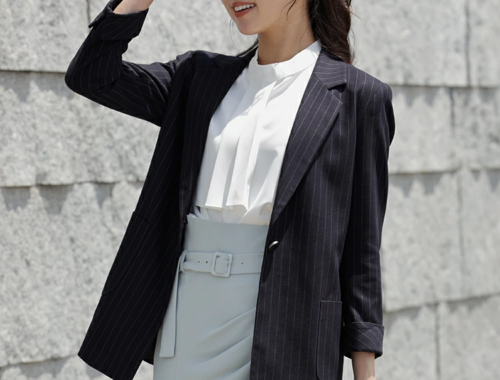 レディース テーラード シングル ジャケット ストライプ 1つ釦 DRESS+