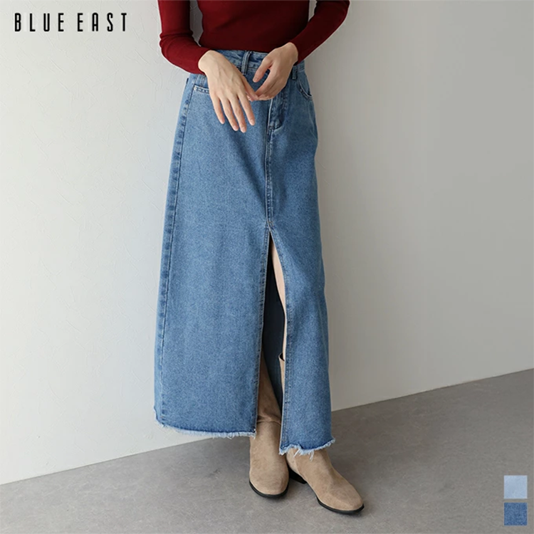 レディース デニム タイトスカート ロング 96cm丈 フロントスリット フロントファスナー BLUEEAST