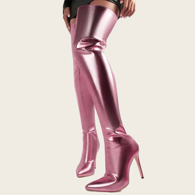 レディース ニーハイ サイハイ ブーツ エナメル ポインテッドトゥ バックジップ ピンヒール11cm way-ugo