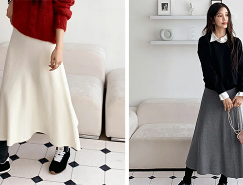 レディース Aライン ニット フレアスカート ロング丈 77cm丈 ウエストゴム バックファスナー DHOLIC ORIGINAL