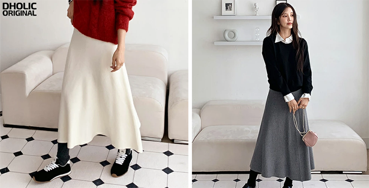 レディース Aライン ニット フレアスカート ロング丈 77cm丈 ウエストゴム バックファスナー DHOLIC ORIGINAL