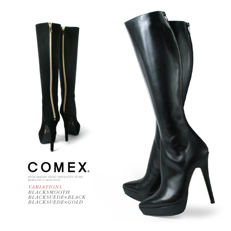 レディース ロング ブーツ ポインテッドトゥ 本革 厚底 ピンヒール13.5cm バックファスナー コメックス COMEX