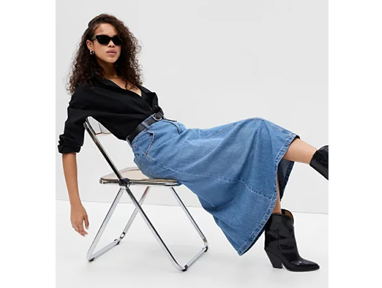 レディース Aライン デニム スカート ロング丈 87～90cm丈 フロントファスナー GAP