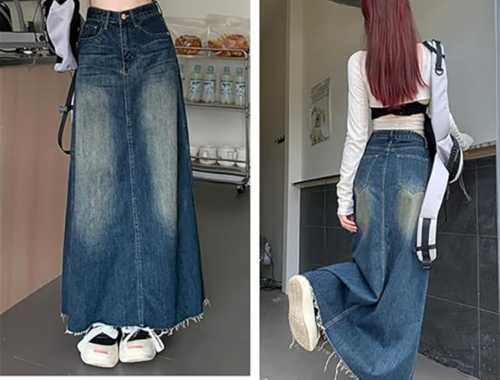 レディース Aライン デニム フレアスカート マキシ丈 90-92cm丈 フロントファスナー [TAHALI]