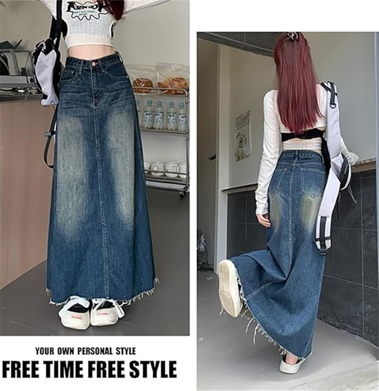 レディース Aライン デニム フレアスカート マキシ丈 90-92cm丈 フロントファスナー [TAHALI]