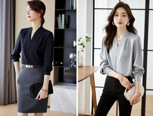 レディース ブラウス シャツ 長袖 無地 Vネック シルク [NISSAI]